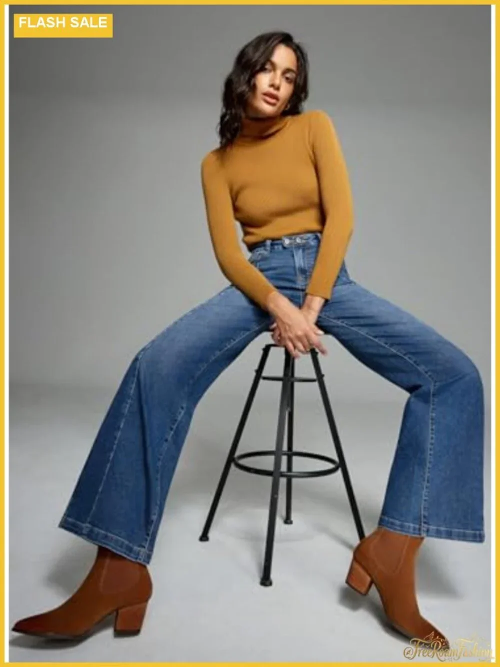 High Waisted Wide Leg Stretchy Denim Jeans with Front Seam